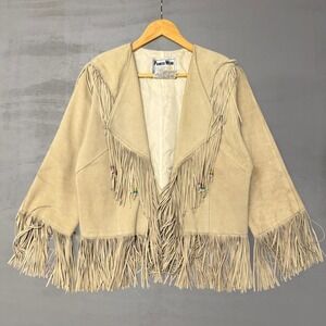 Vintage Pioneer Wear Vintage Fringe Leather Western Jacket Ivory Suede Size 12